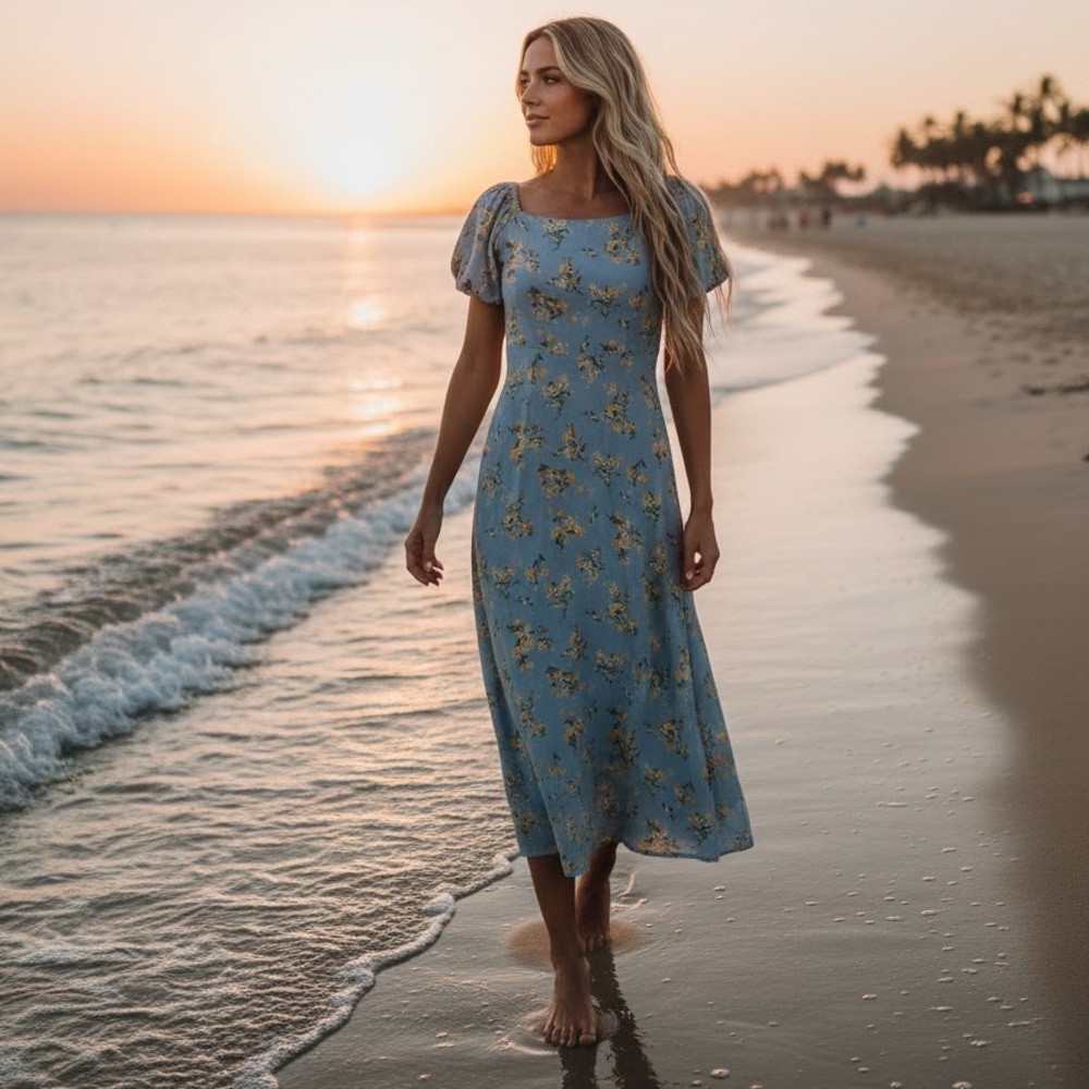 August Sky Linen Blend Ditsy Print Blue Off  Shoulder Puff Sleeve Midi Dress S